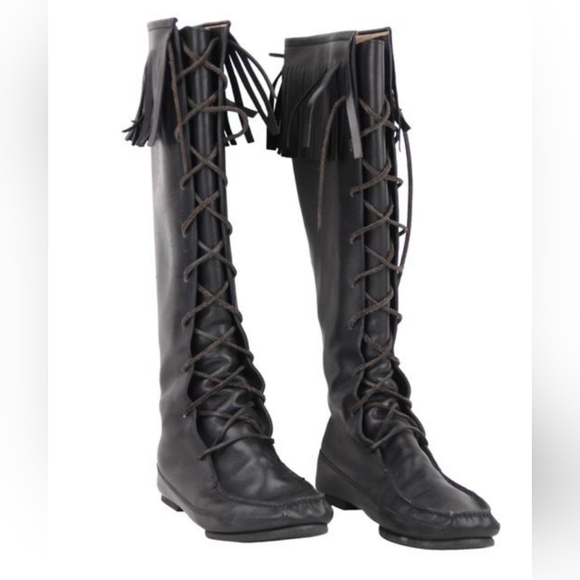 GUCCI Tom Ford RUNWAY '99 Black Lace Up Knee Fringe Leather Moccasin Boots 10m - Picture 3 of 16